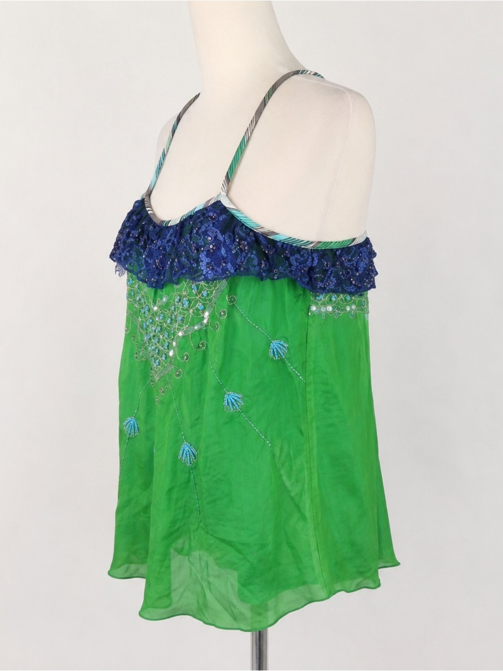 Vintage Y2K Free People Green Silk Beaded Sequin Lace Cami Top S - Picture 4 of 9
